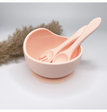 Тарілка з силіконовою ложкою та виделкою Light pink Світло рожевий 