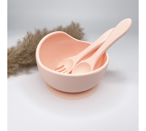 Дитяча тарілка з силіконовою ложкою та виделкою Light pink Світло рожевий Дитяча тарілка з силіконовою ложкою та виделкою Light pink Світло рожевий