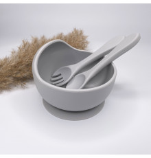 Тарілка з силіконовою ложкою та виделкою Light Grey Світло сірий