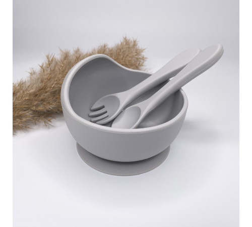Дитяча тарілка з силіконовою ложкою та виделкою Light Grey Світло сірий Дитяча тарілка з силіконовою ложкою та виделкою Light Grey Світло сірий
