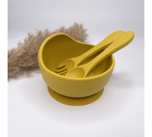 Дитяча тарілка з силіконовою ложкою та виделкою Mustard Гiрчиця Дитяча тарілка з силіконовою ложкою та виделкою Mustard Гiрчиця