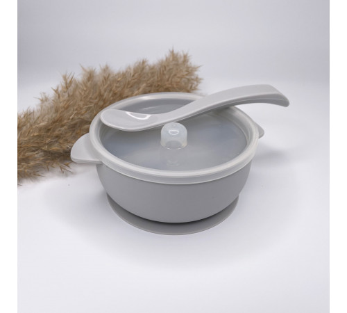 Дитяча тарілка з кришкою та ложкою Light Grey Світло сірий Дитяча тарілка з кришкою та ложкою Light Grey Світло сірий
